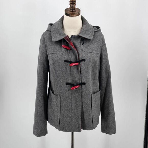 Old Navy Pea Coat Women's M Gray Red Toggles Hood - Picture 2 of 10